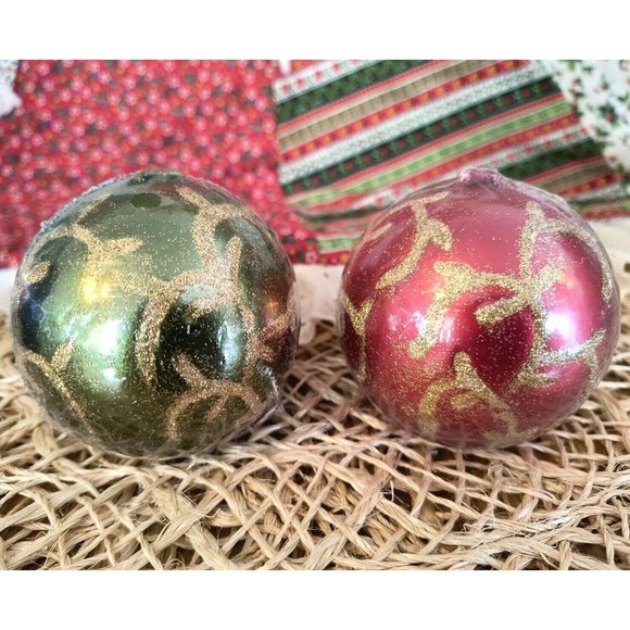 Red and Green Sphere Candles w/ Gold Scroll Glitter, Vintage Candle Decorations - Picture 3 of 10